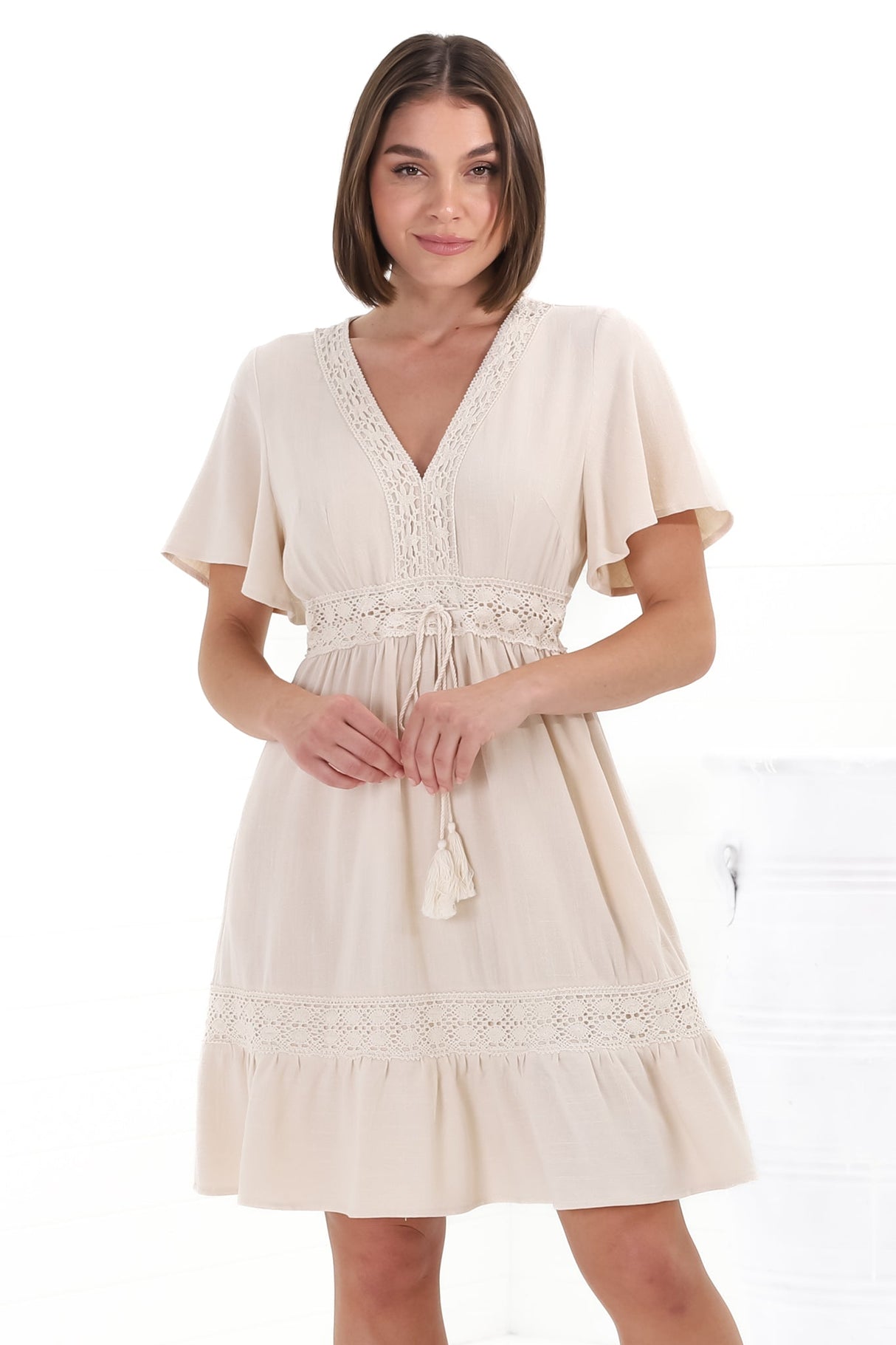 Kimmy Mini Dress - Lace Detailed Cape Sleeve Dress with Pull Tie Waist in Beige