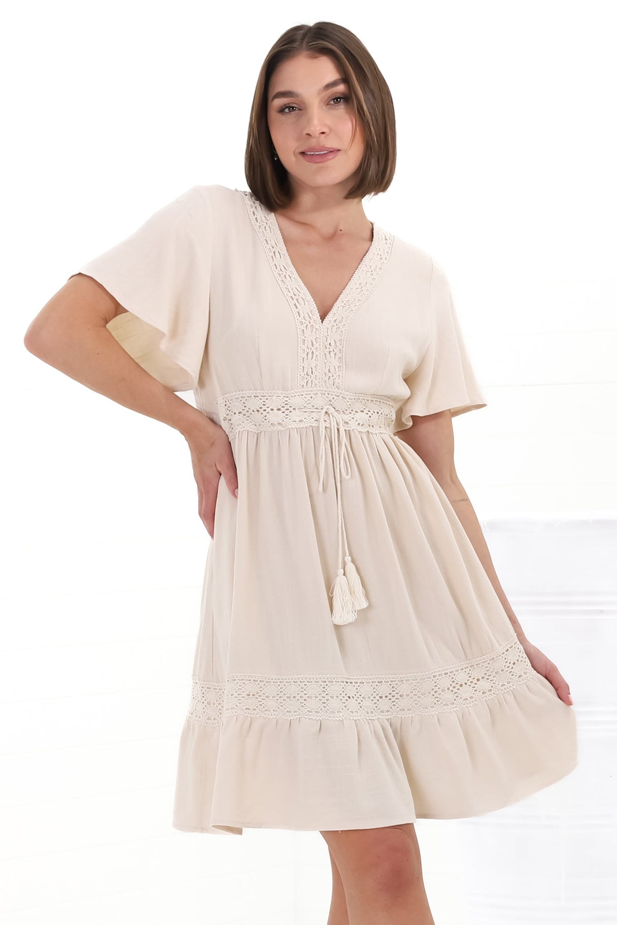 Kimmy Mini Dress - Lace Detailed Cape Sleeve Dress with Pull Tie Waist in Beige