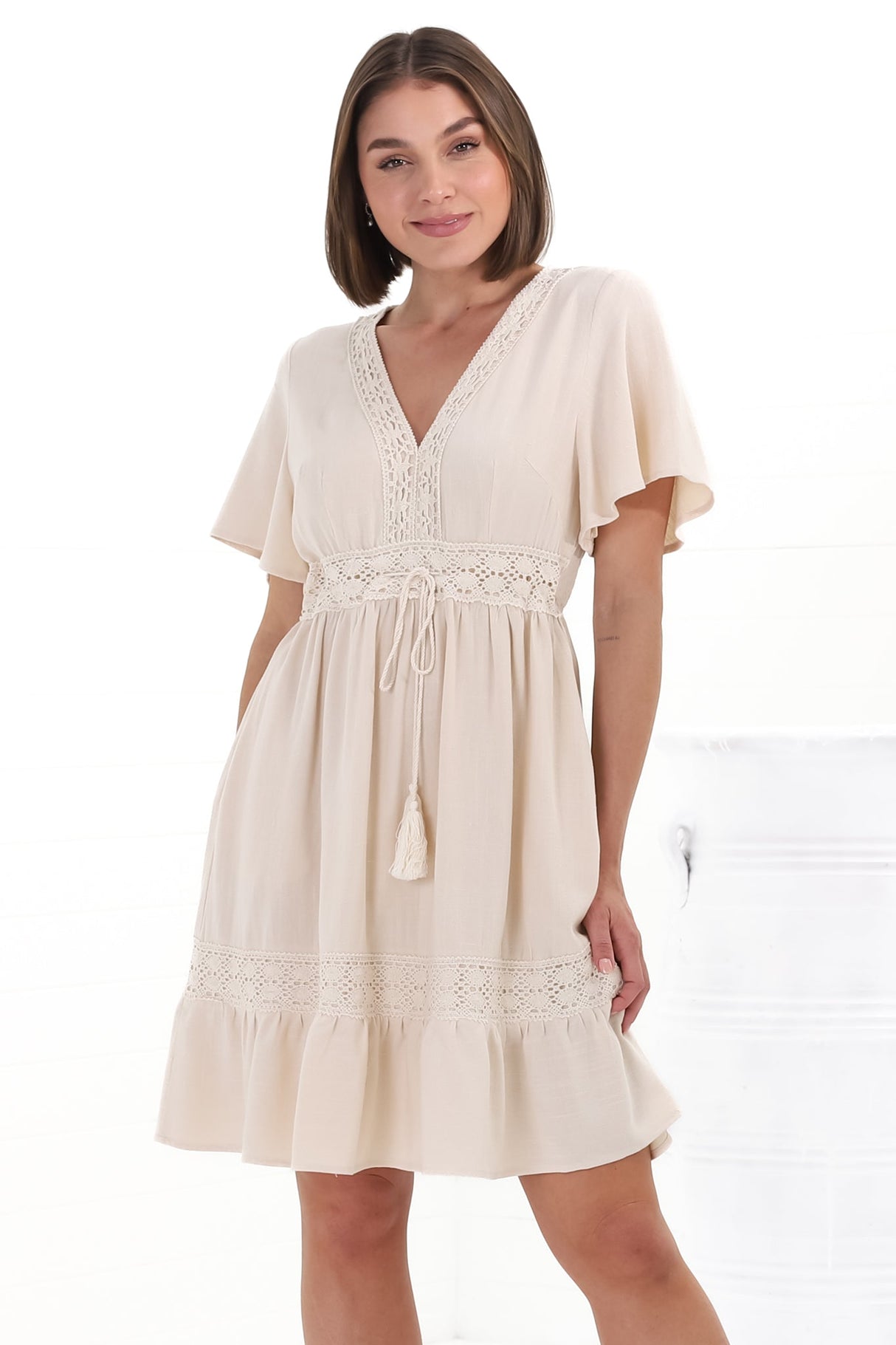 Kimmy Mini Dress - Lace Detailed Cape Sleeve Dress with Pull Tie Waist in Beige