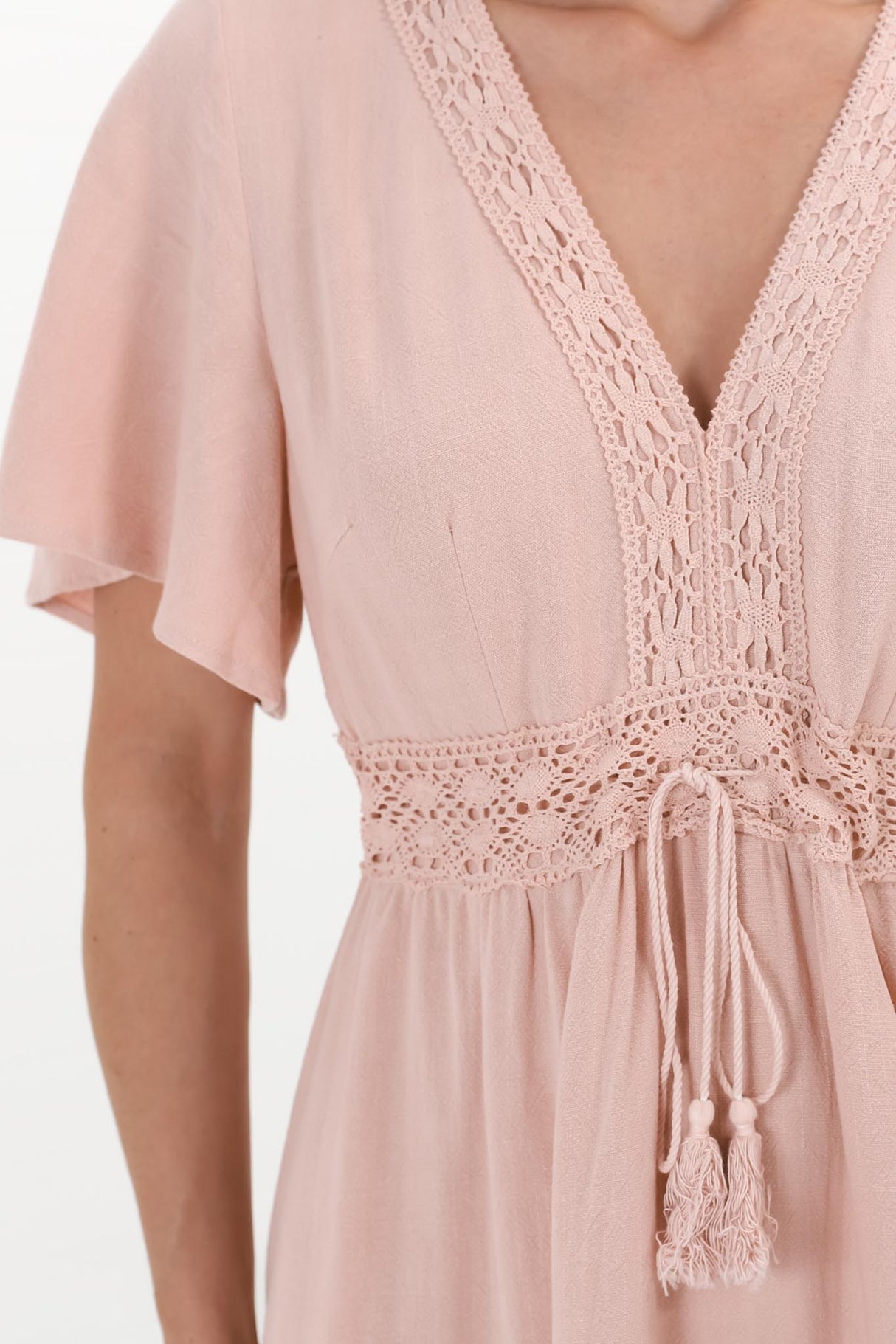 Kimmy Mini Dress - Lace Detailed Cape Sleeve Dress with Pull Tie Waist in Blush