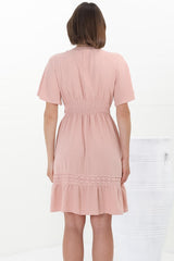 Kimmy Mini Dress - Lace Detailed Cape Sleeve Dress with Pull Tie Waist in Blush