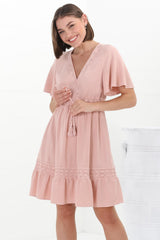 Kimmy Mini Dress - Lace Detailed Cape Sleeve Dress with Pull Tie Waist in Blush