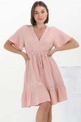 Kimmy Mini Dress - Lace Detailed Cape Sleeve Dress with Pull Tie Waist in Blush