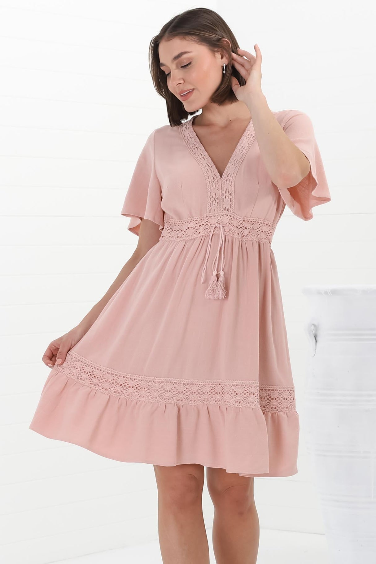 Kimmy Mini Dress - Lace Detailed Cape Sleeve Dress with Pull Tie Waist in Blush