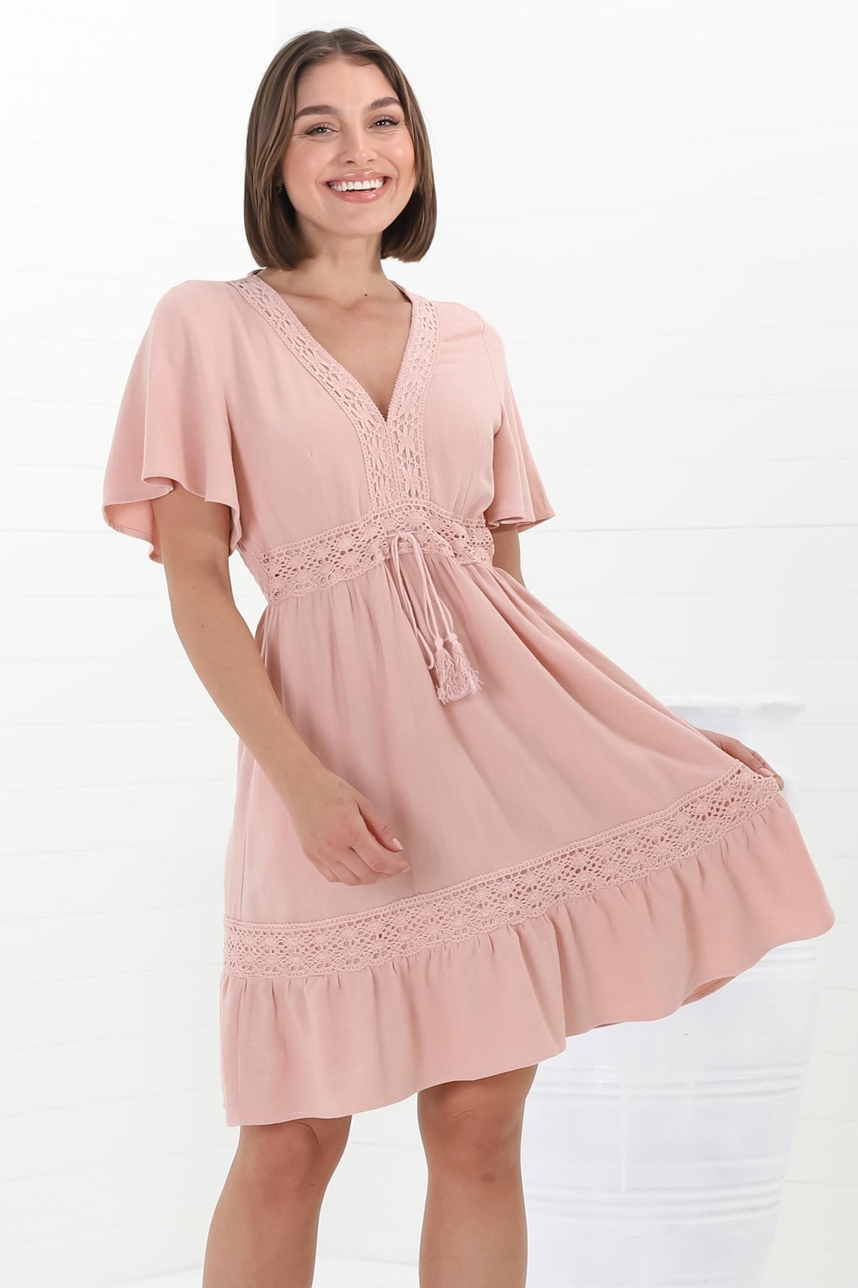 Kimmy Mini Dress - Lace Detailed Cape Sleeve Dress with Pull Tie Waist in Blush