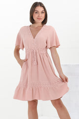 Kimmy Mini Dress - Lace Detailed Cape Sleeve Dress with Pull Tie Waist in Blush