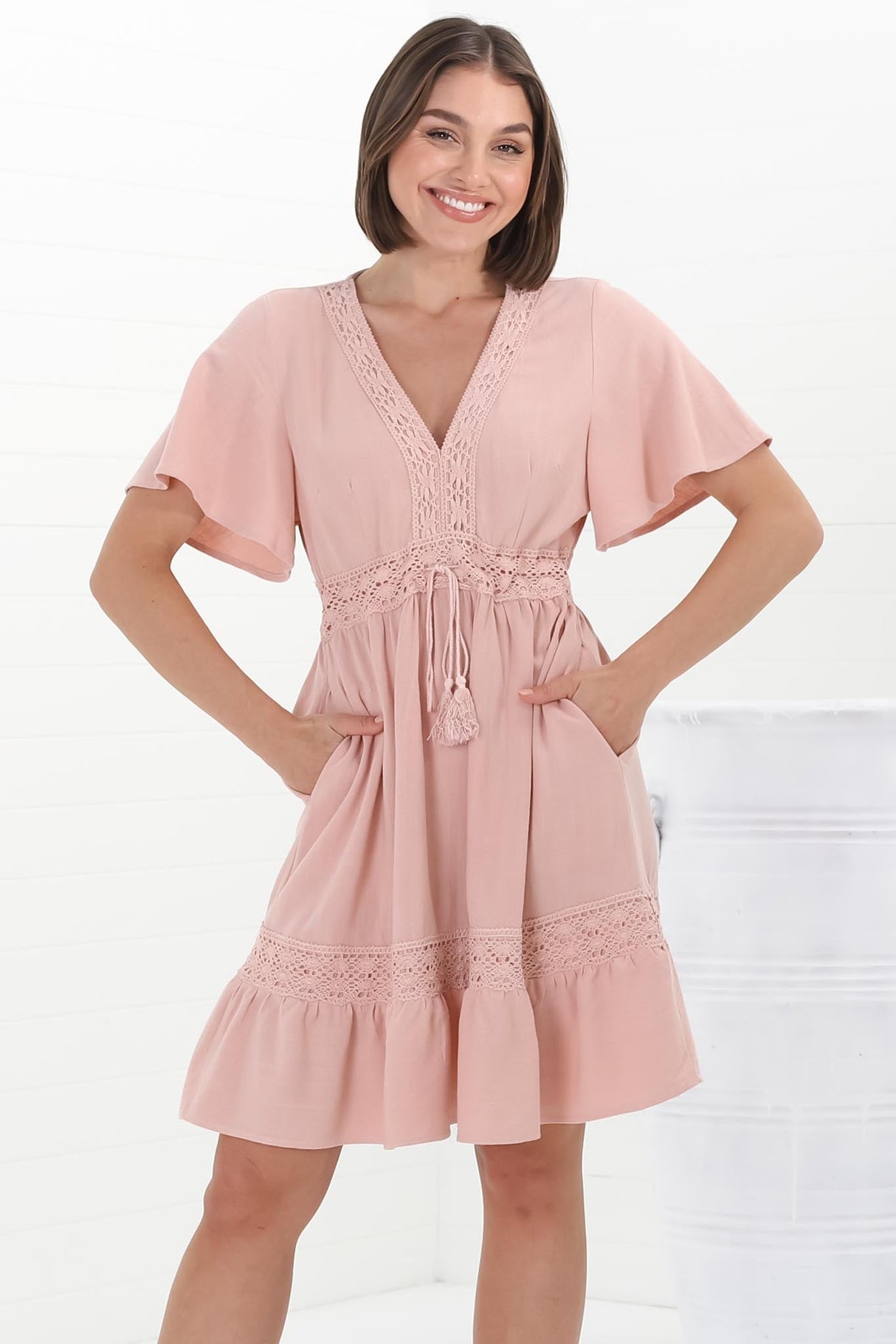 Kimmy Mini Dress - Lace Detailed Cape Sleeve Dress with Pull Tie Waist in Blush