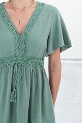 Kimmy Mini Dress - Lace Detailed Cape Sleeve Dress with Pull Tie Waist in Teal