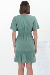 Kimmy Mini Dress - Lace Detailed Cape Sleeve Dress with Pull Tie Waist in Teal