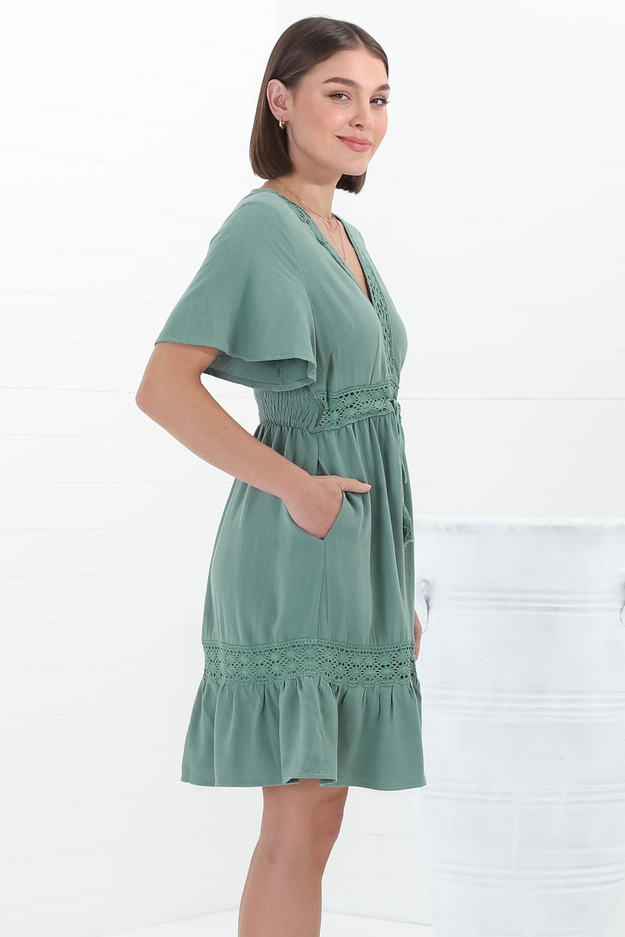 Kimmy Mini Dress - Lace Detailed Cape Sleeve Dress with Pull Tie Waist in Teal