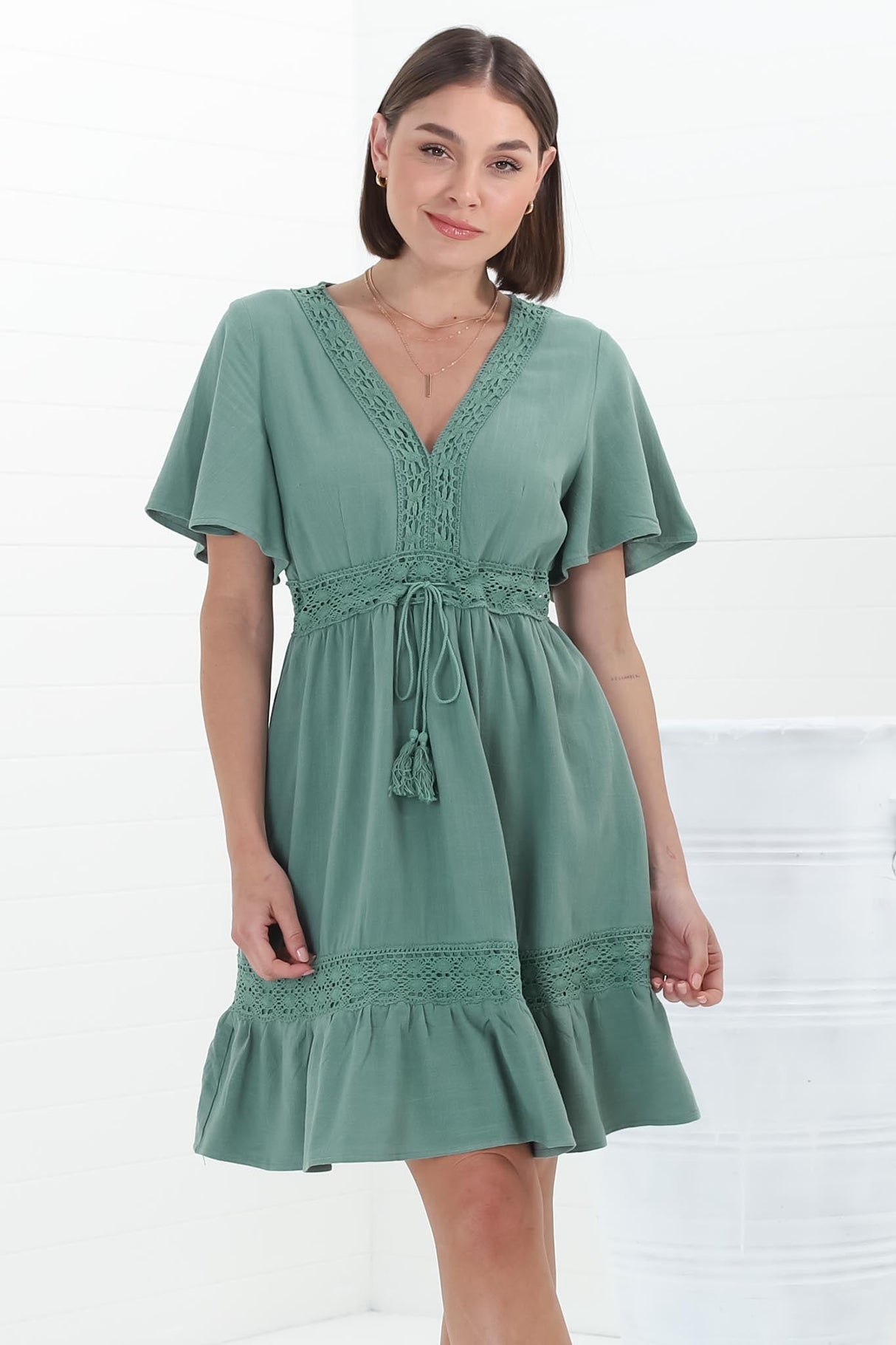 Kimmy Mini Dress - Lace Detailed Cape Sleeve Dress with Pull Tie Waist in Teal