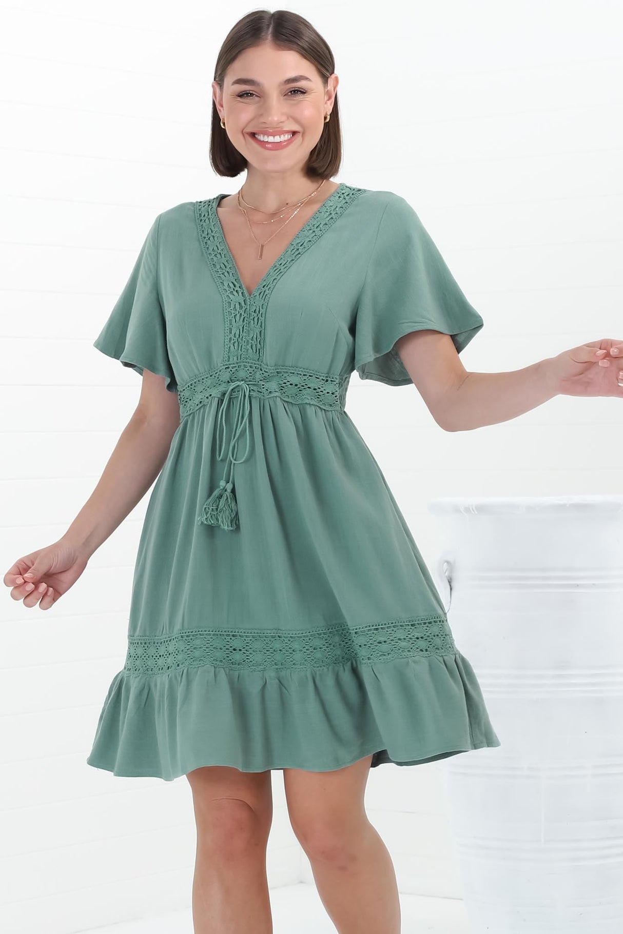 Kimmy Mini Dress - Lace Detailed Cape Sleeve Dress with Pull Tie Waist in Teal