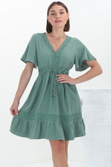 Kimmy Mini Dress - Lace Detailed Cape Sleeve Dress with Pull Tie Waist in Teal