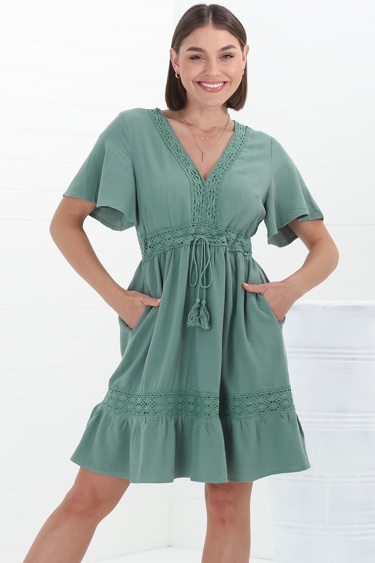 Kimmy Mini Dress - Lace Detailed Cape Sleeve Dress with Pull Tie Waist in Teal