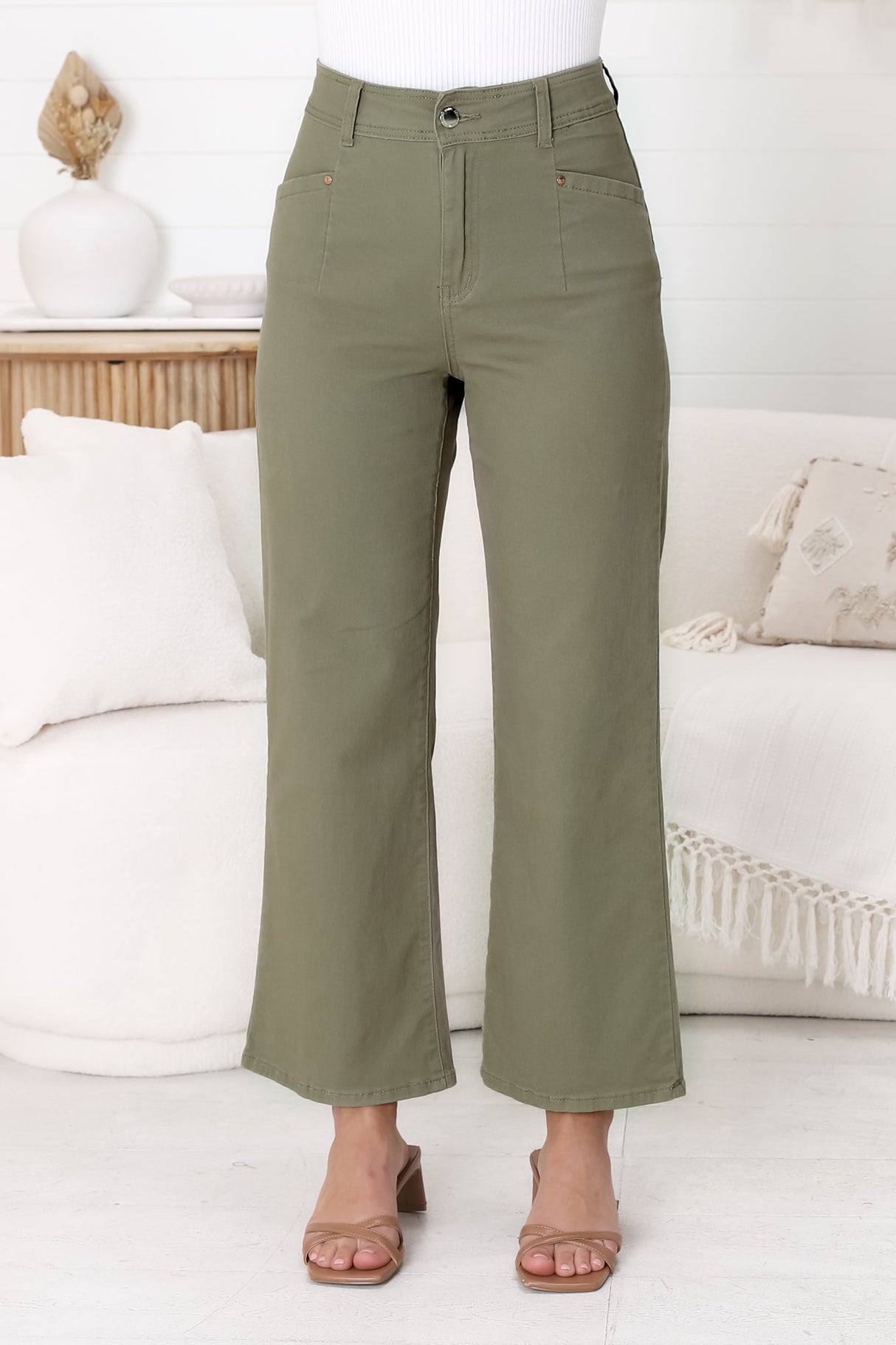 Kinley Jeans - High Waisted Flare Leg Jeans in Army Green