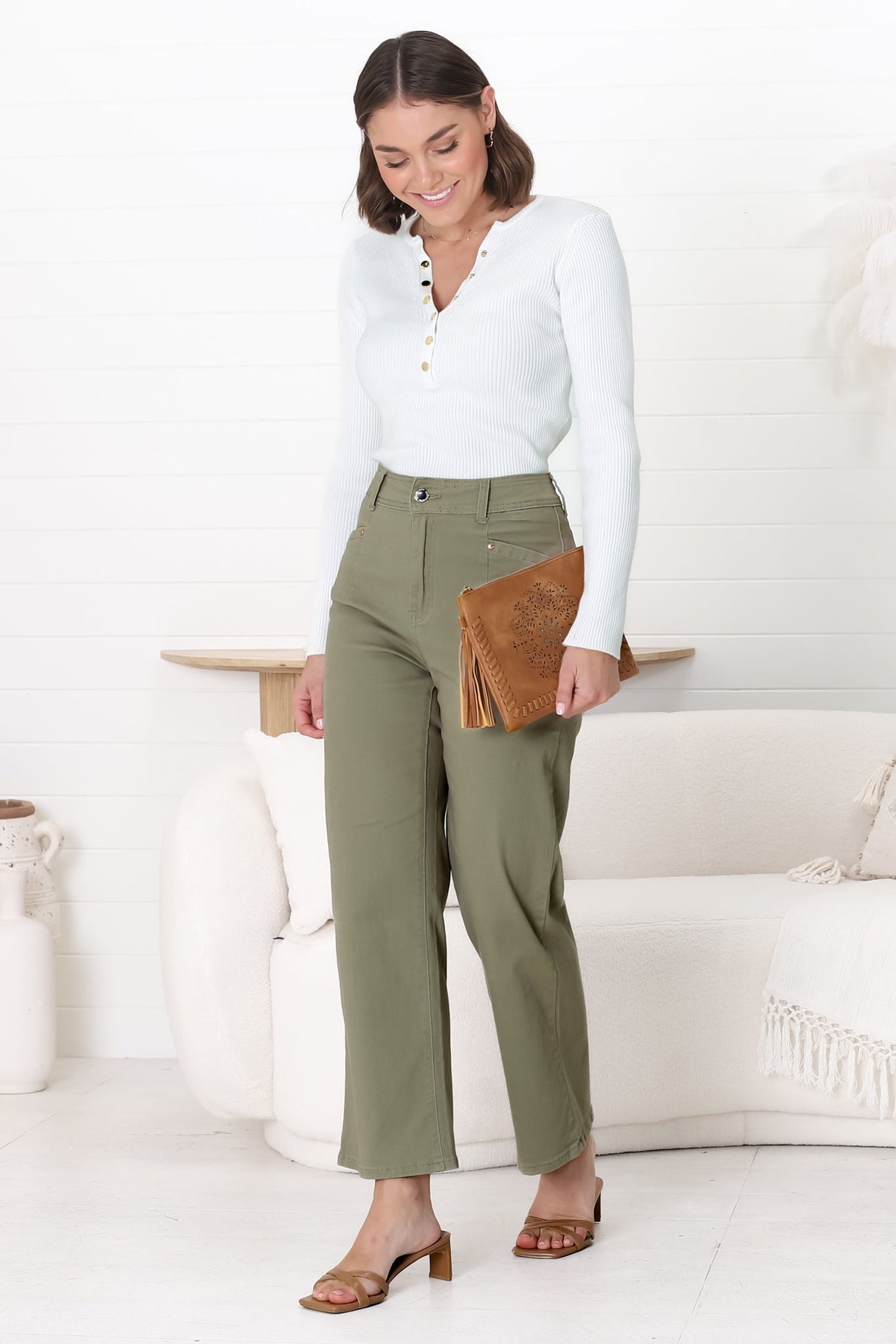 Kinley Jeans - High Waisted Flare Leg Jeans in Army Green