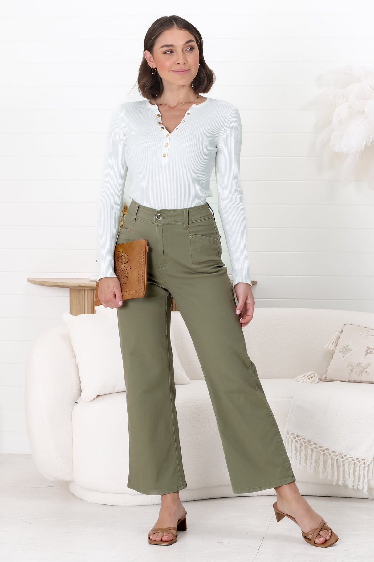 Kinley Jeans - High Waisted Flare Leg Jeans in Army Green