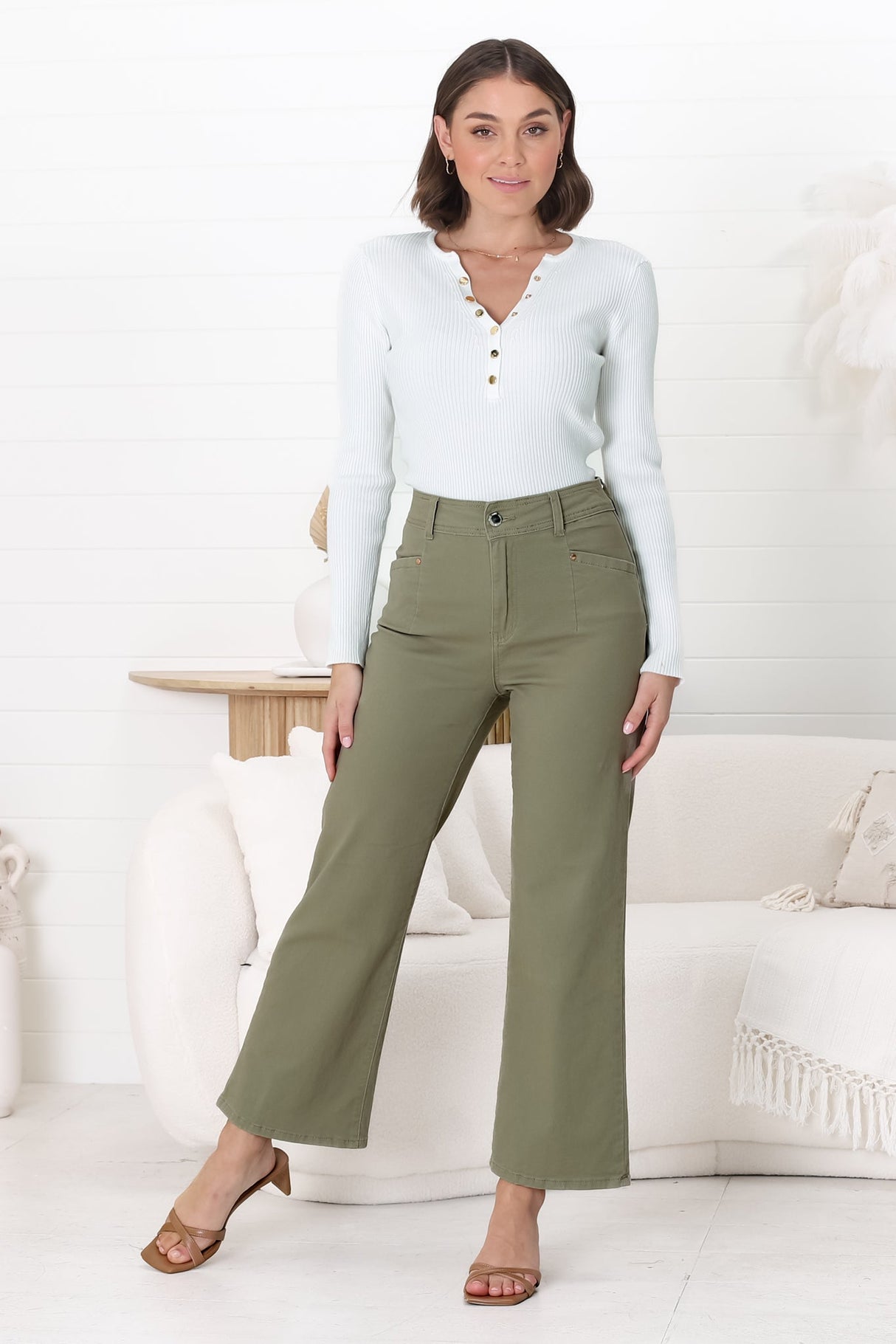 Kinley Jeans - High Waisted Flare Leg Jeans in Army Green