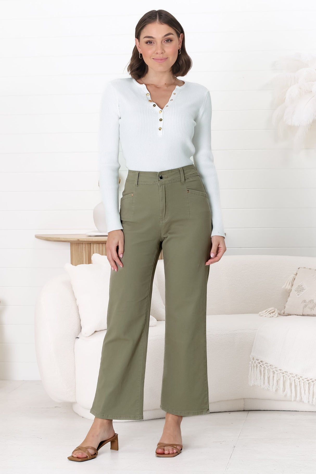 Kinley Jeans - High Waisted Flare Leg Jeans in Army Green