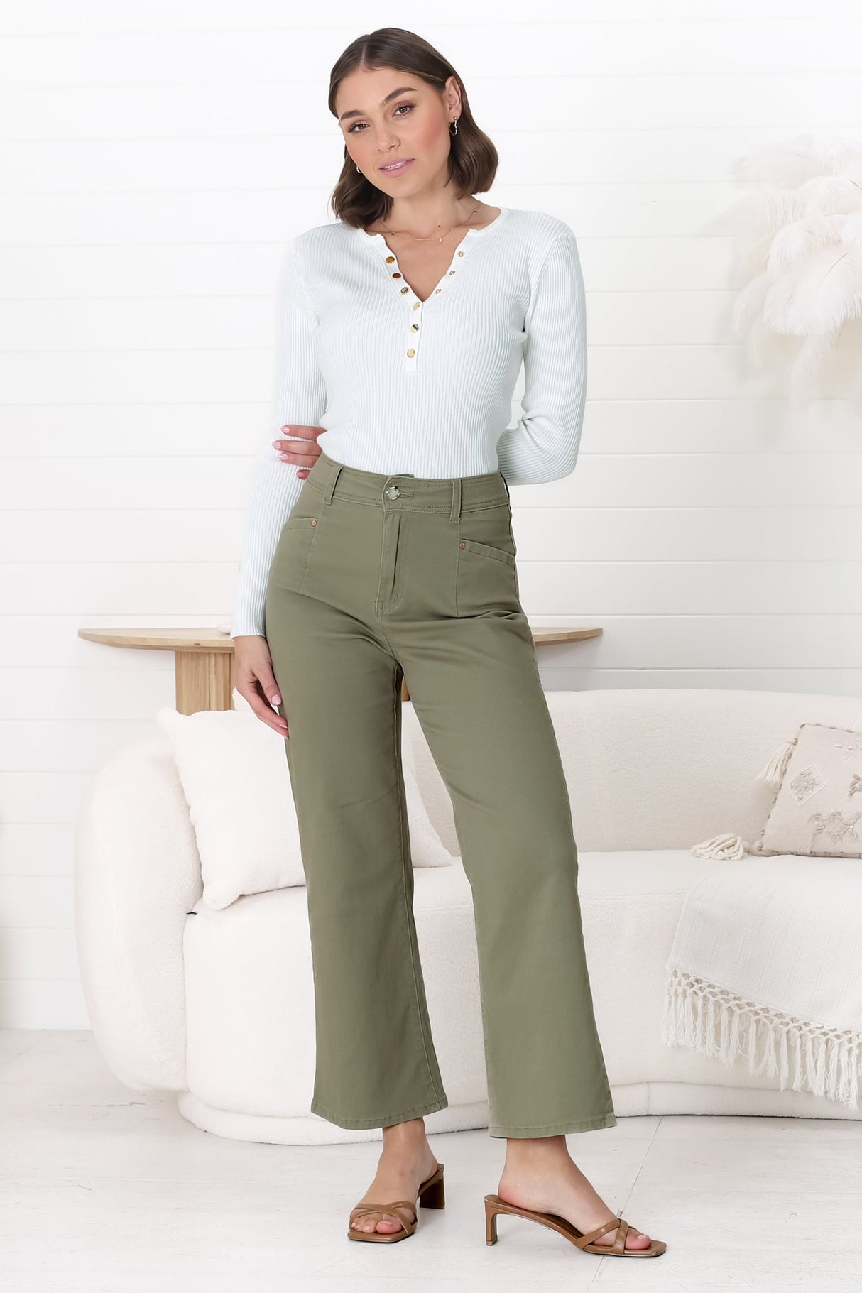 Kinley Jeans - High Waisted Flare Leg Jeans in Army Green