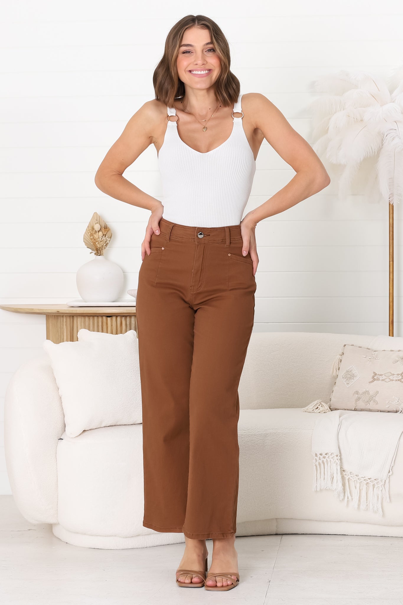 Kinley Jeans - High Waisted Flare Leg Jeans in Brown