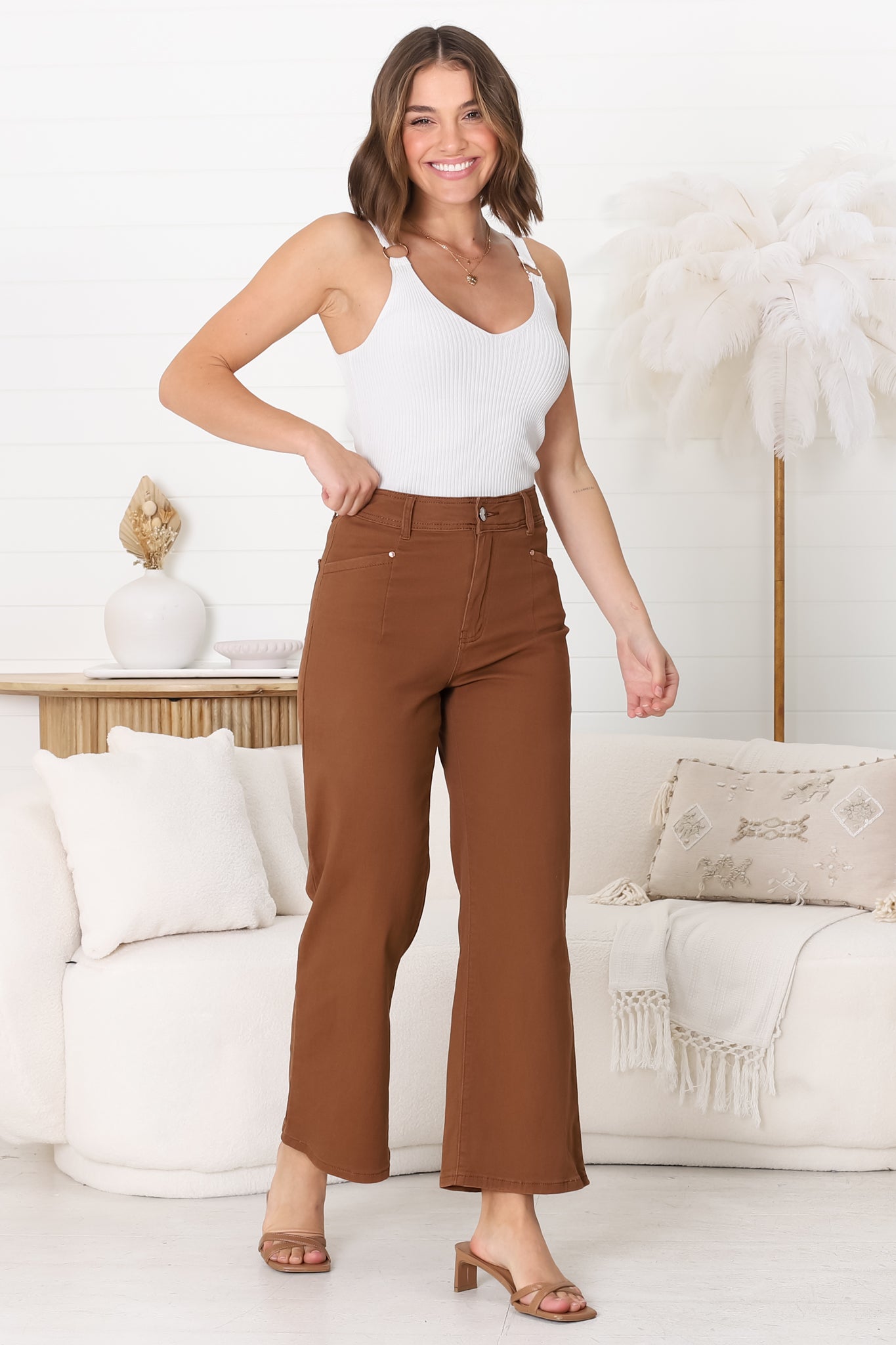 Kinley Jeans - High Waisted Flare Leg Jeans in Brown