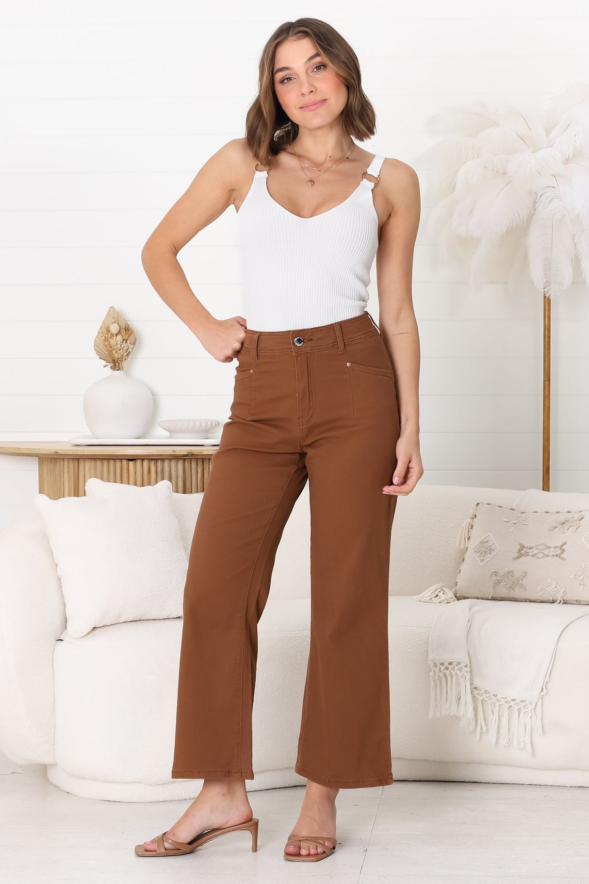 Kinley Jeans - High Waisted Flare Leg Jeans in Brown