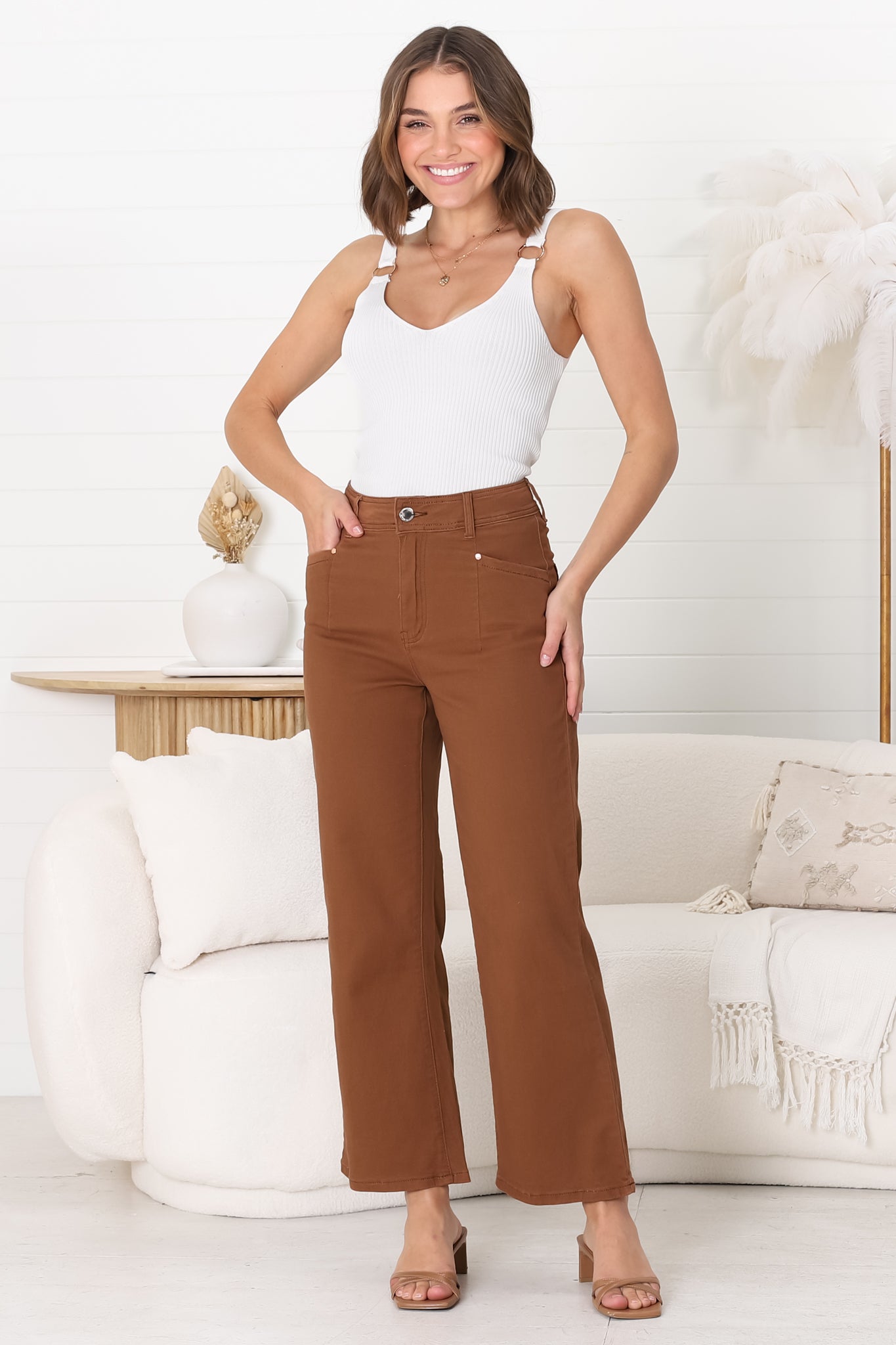 Kinley Jeans - High Waisted Flare Leg Jeans in Brown