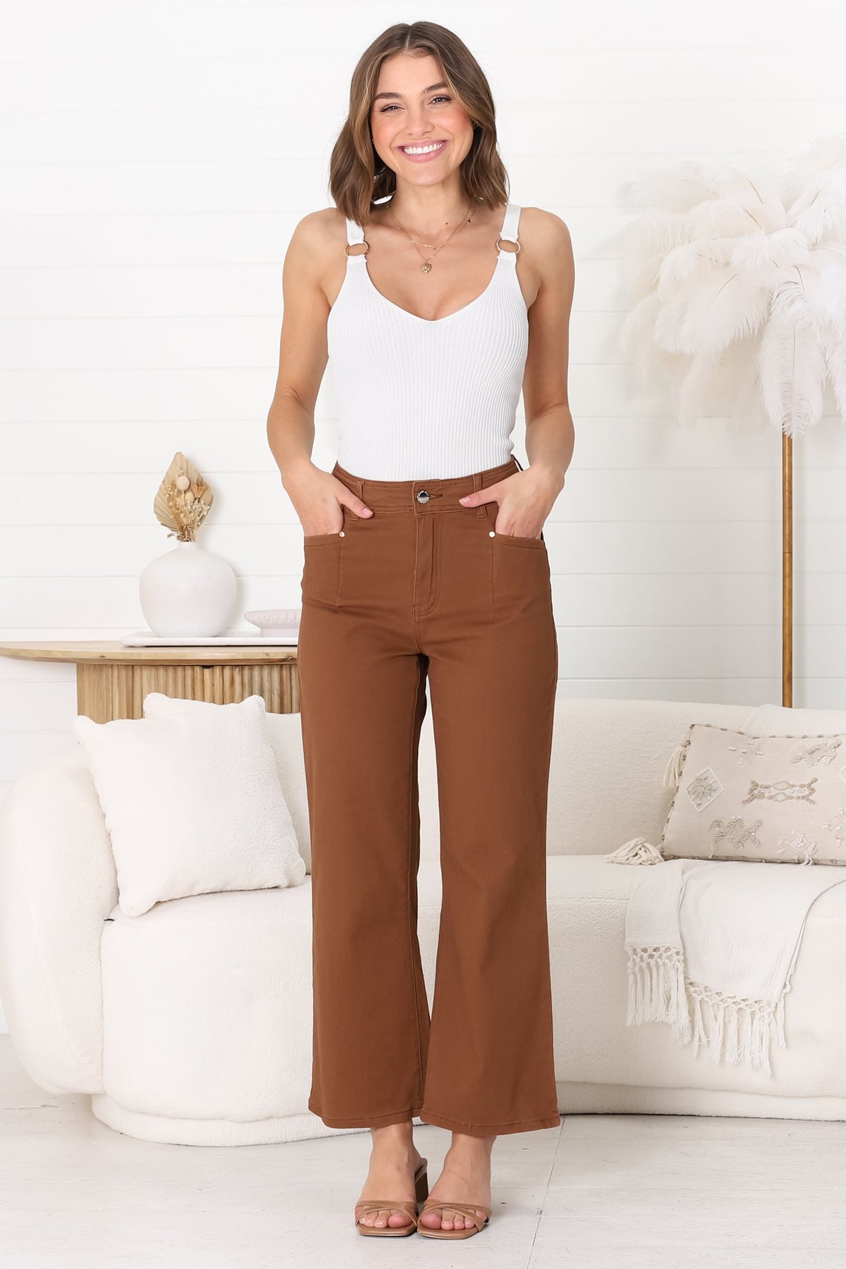 Kinley Jeans - High Waisted Flare Leg Jeans in Brown