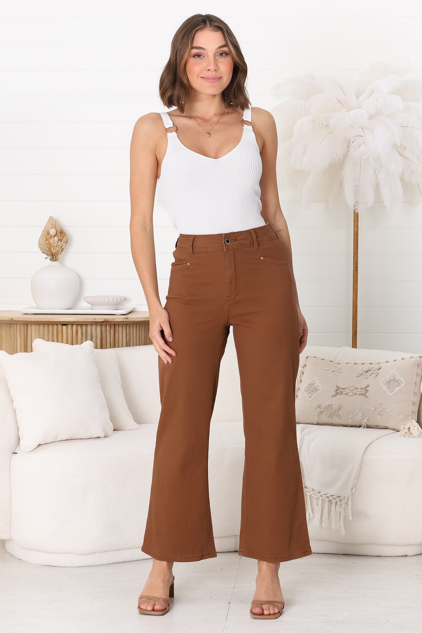 Kinley Jeans - High Waisted Flare Leg Jeans in Brown