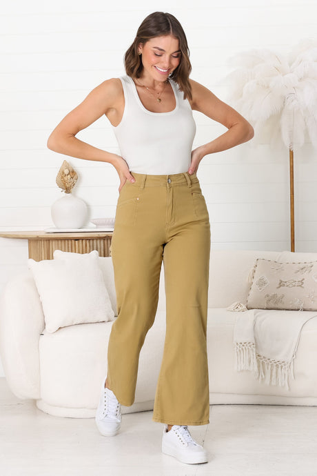 Kinley Jeans - High Waisted Flare Leg Jeans in Khaki