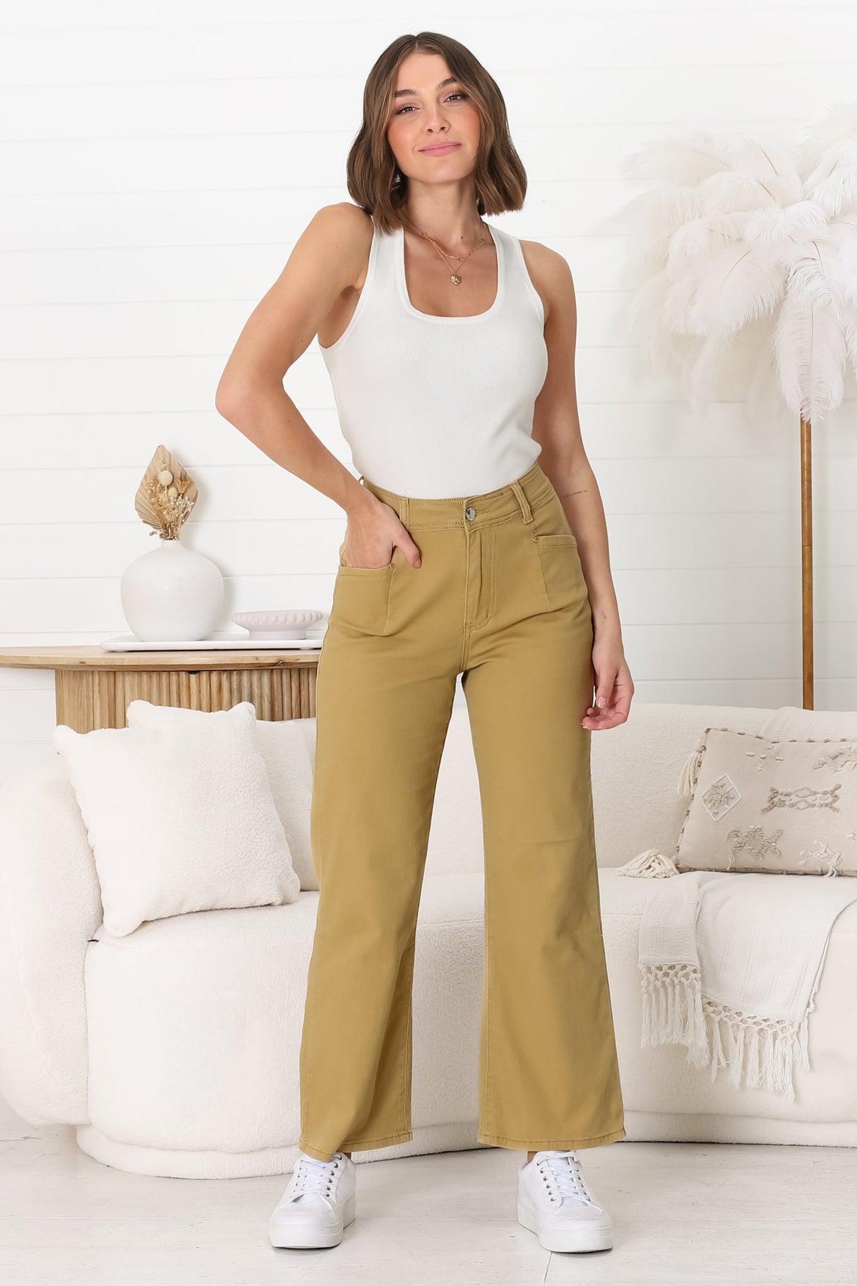 Kinley Jeans - High Waisted Flare Leg Jeans in Khaki