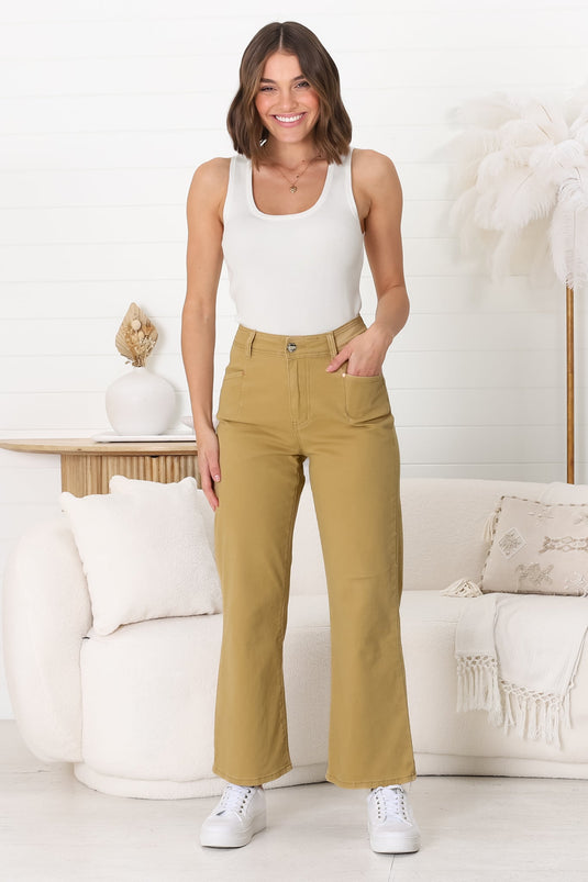 Kinley Jeans - High Waisted Flare Leg Jeans in Khaki