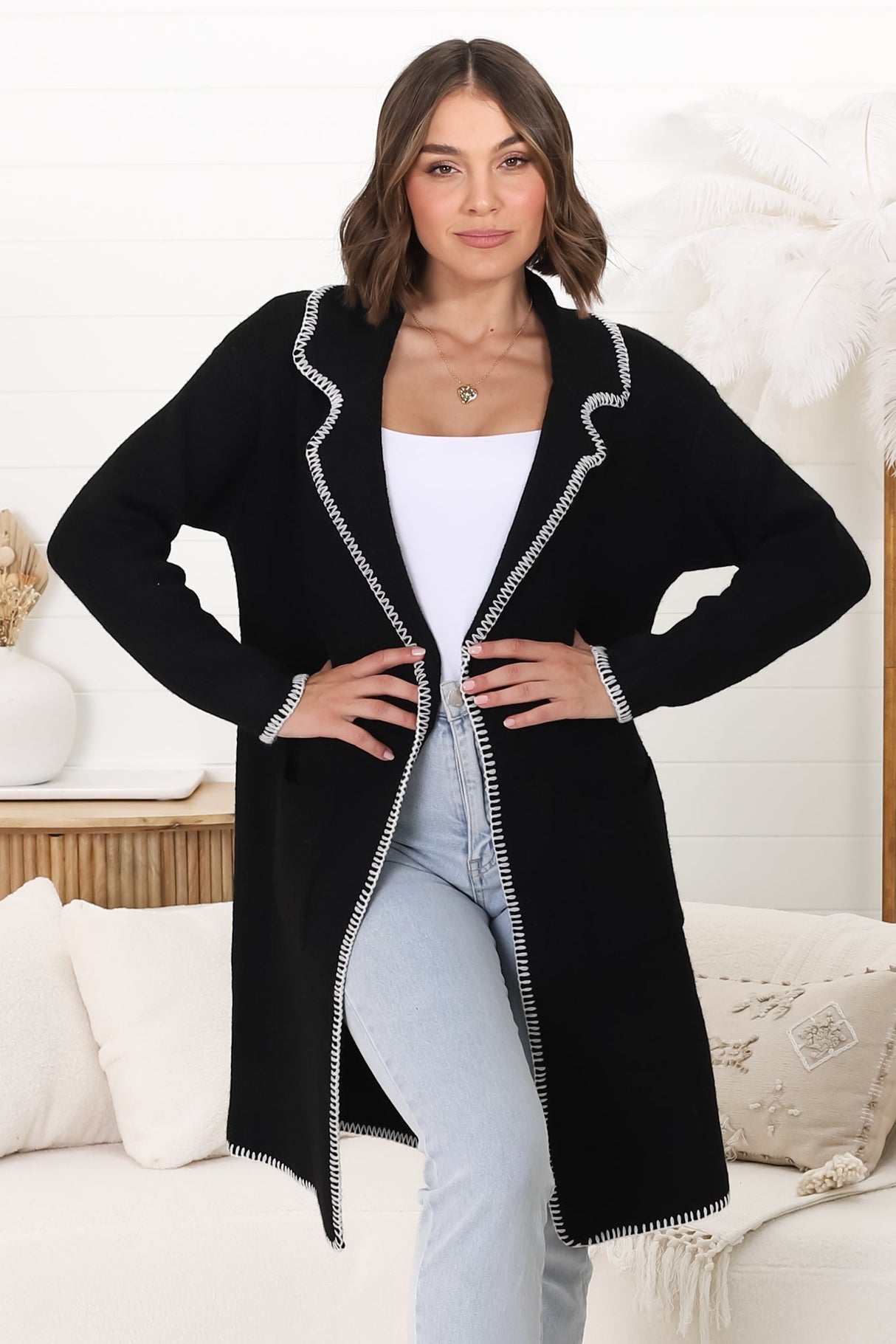 Kinny Cardigan - Collared Contrast Stiching Cardigan in Black