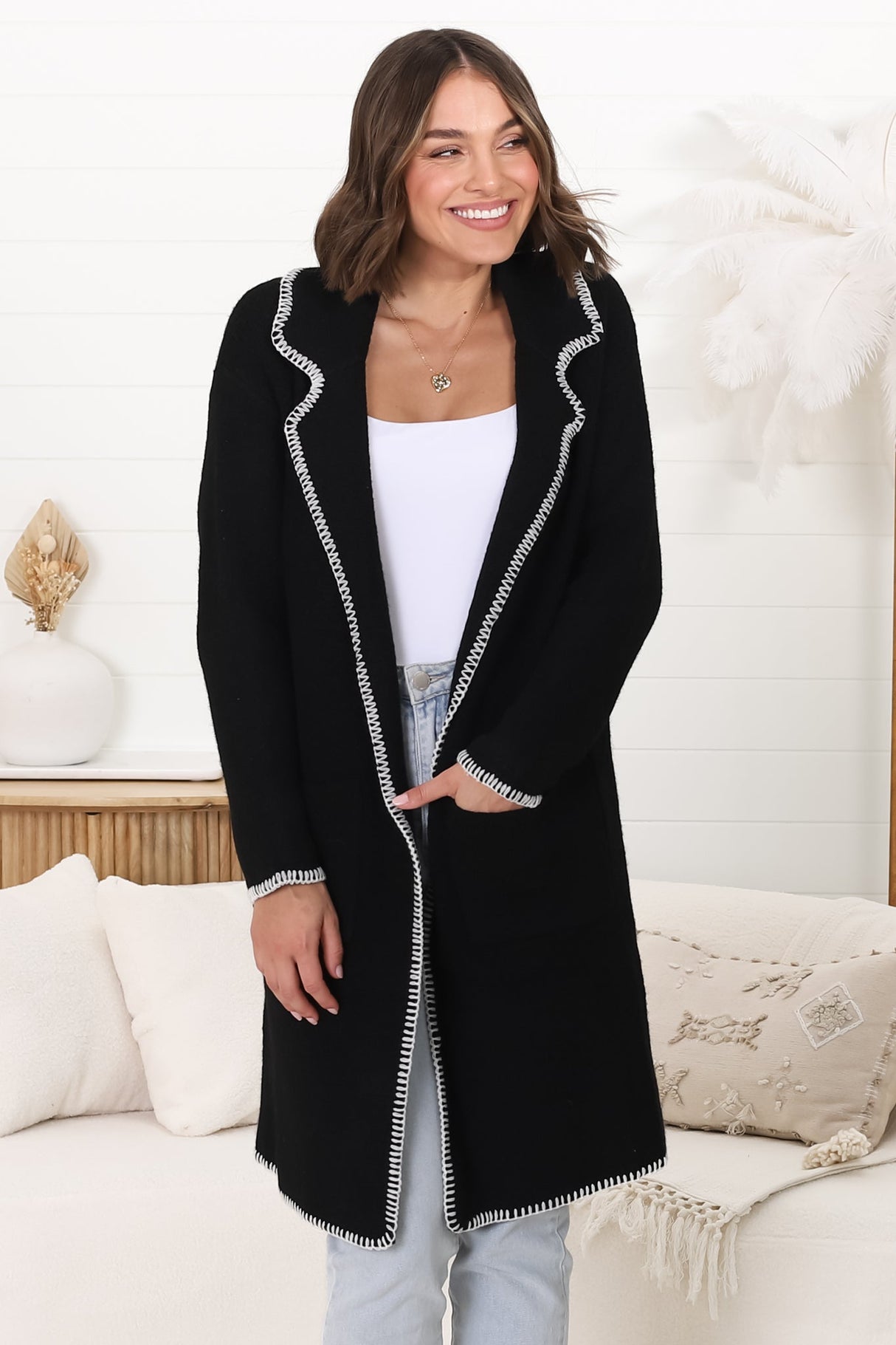 Kinny Cardigan - Collared Contrast Stiching Cardigan in Black