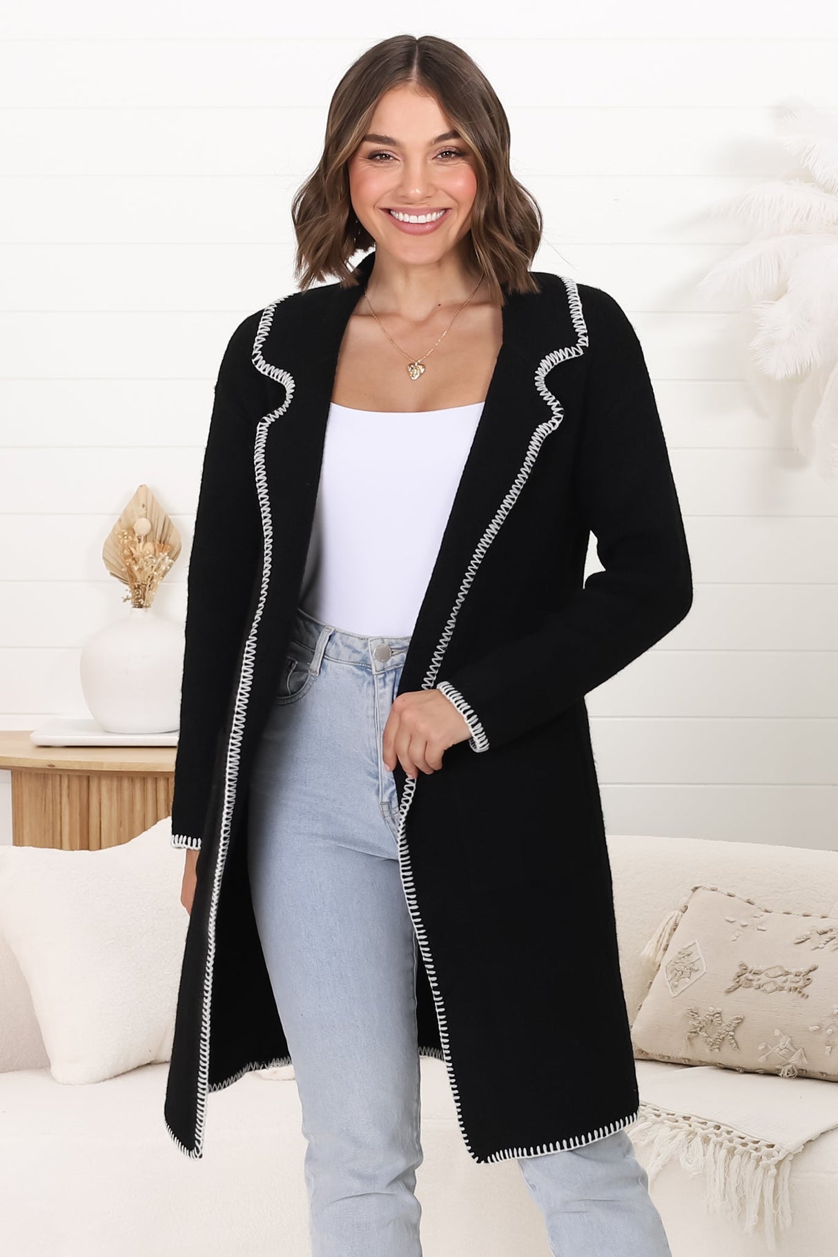 Kinny Cardigan - Collared Contrast Stiching Cardigan in Black