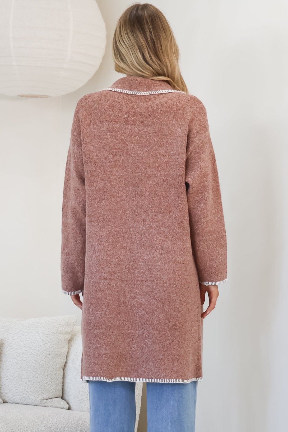 Kinny Cardigan - Collared Contrast Stiching Cardigan in Cinnamon