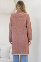 Kinny Cardigan - Collared Contrast Stiching Cardigan in Cinnamon