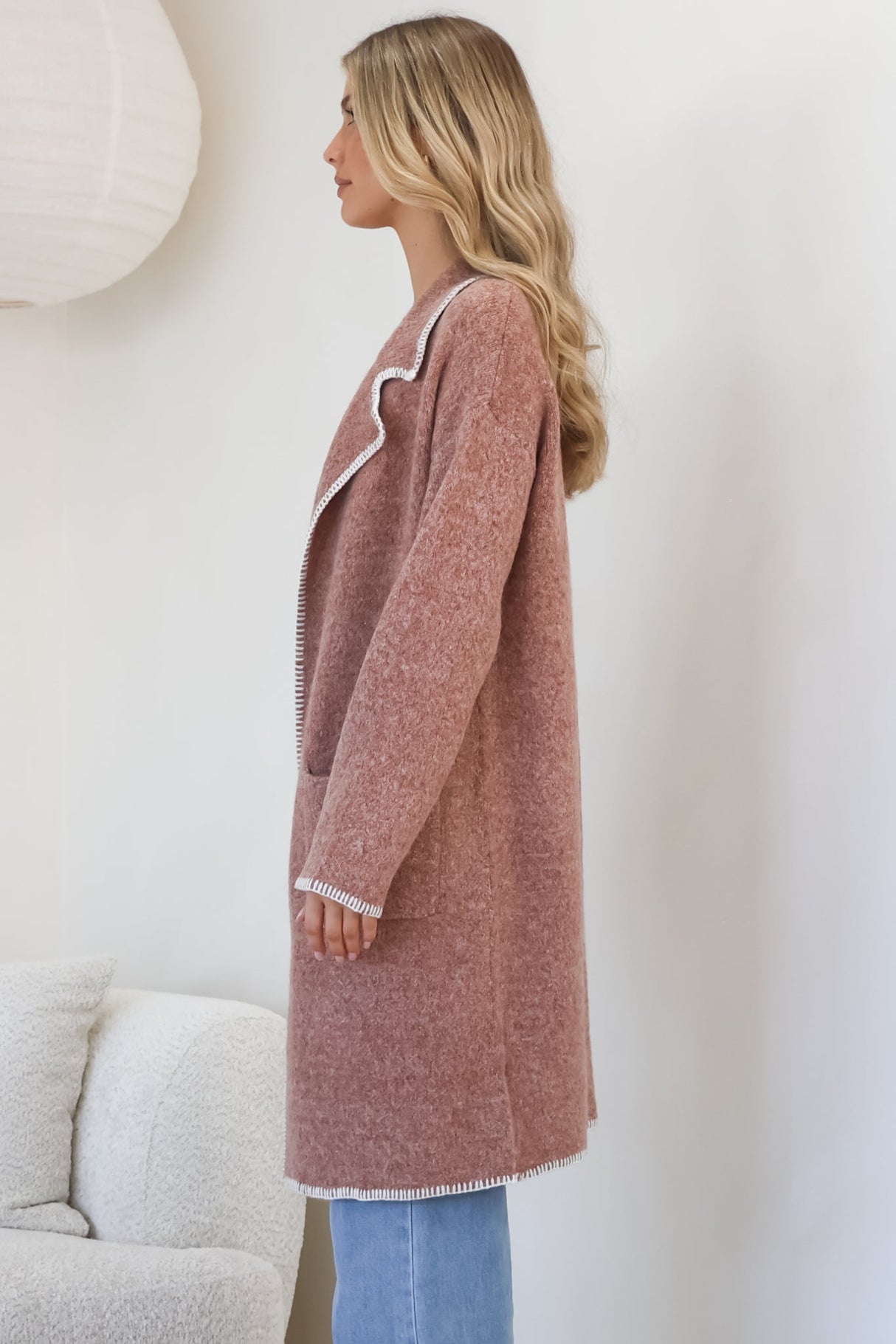 Kinny Cardigan - Collared Contrast Stiching Cardigan in Cinnamon