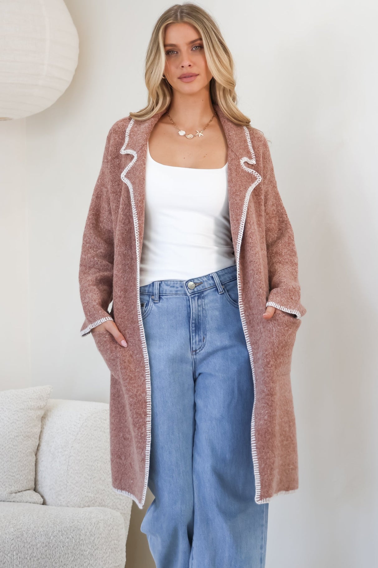 Kinny Cardigan - Collared Contrast Stiching Cardigan in Cinnamon