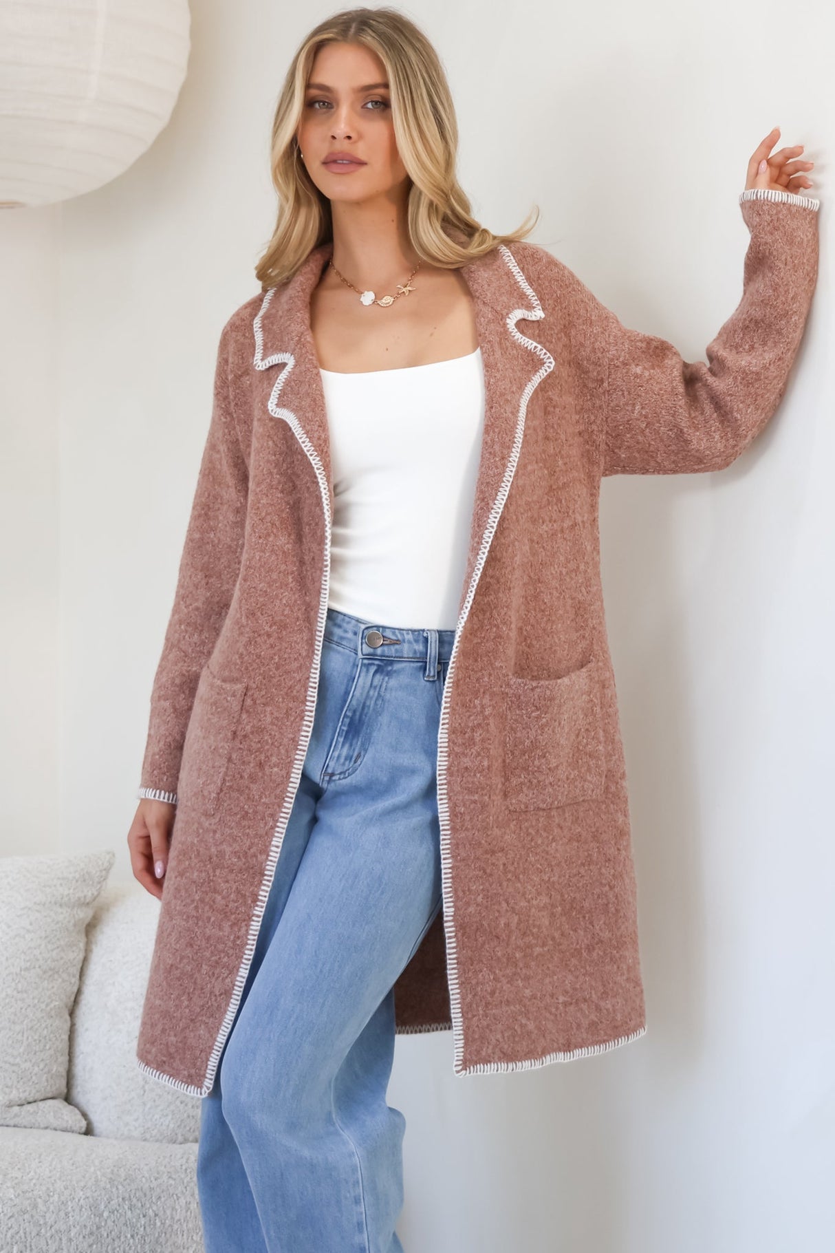 Kinny Cardigan - Collared Contrast Stiching Cardigan in Cinnamon