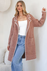 Kinny Cardigan - Collared Contrast Stiching Cardigan in Cinnamon
