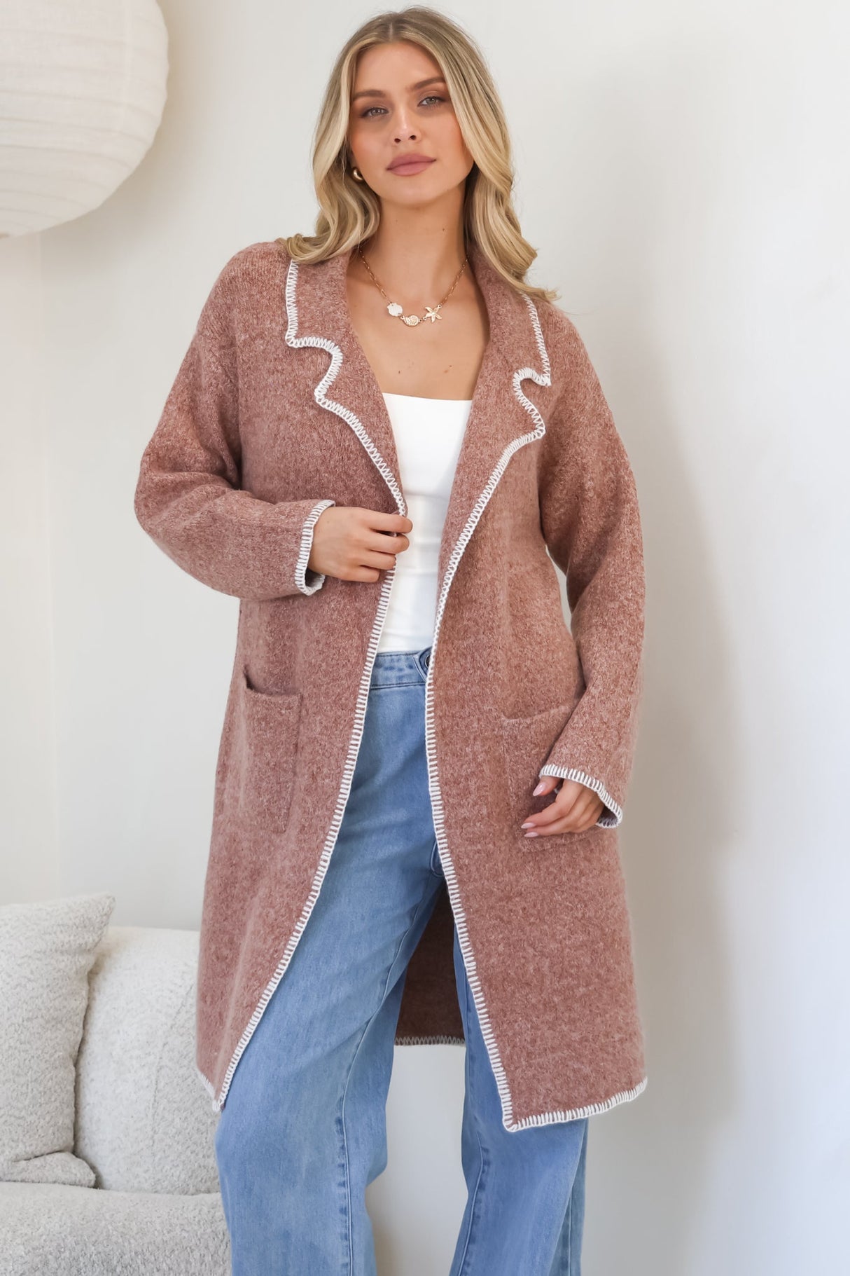 Kinny Cardigan - Collared Contrast Stiching Cardigan in Cinnamon