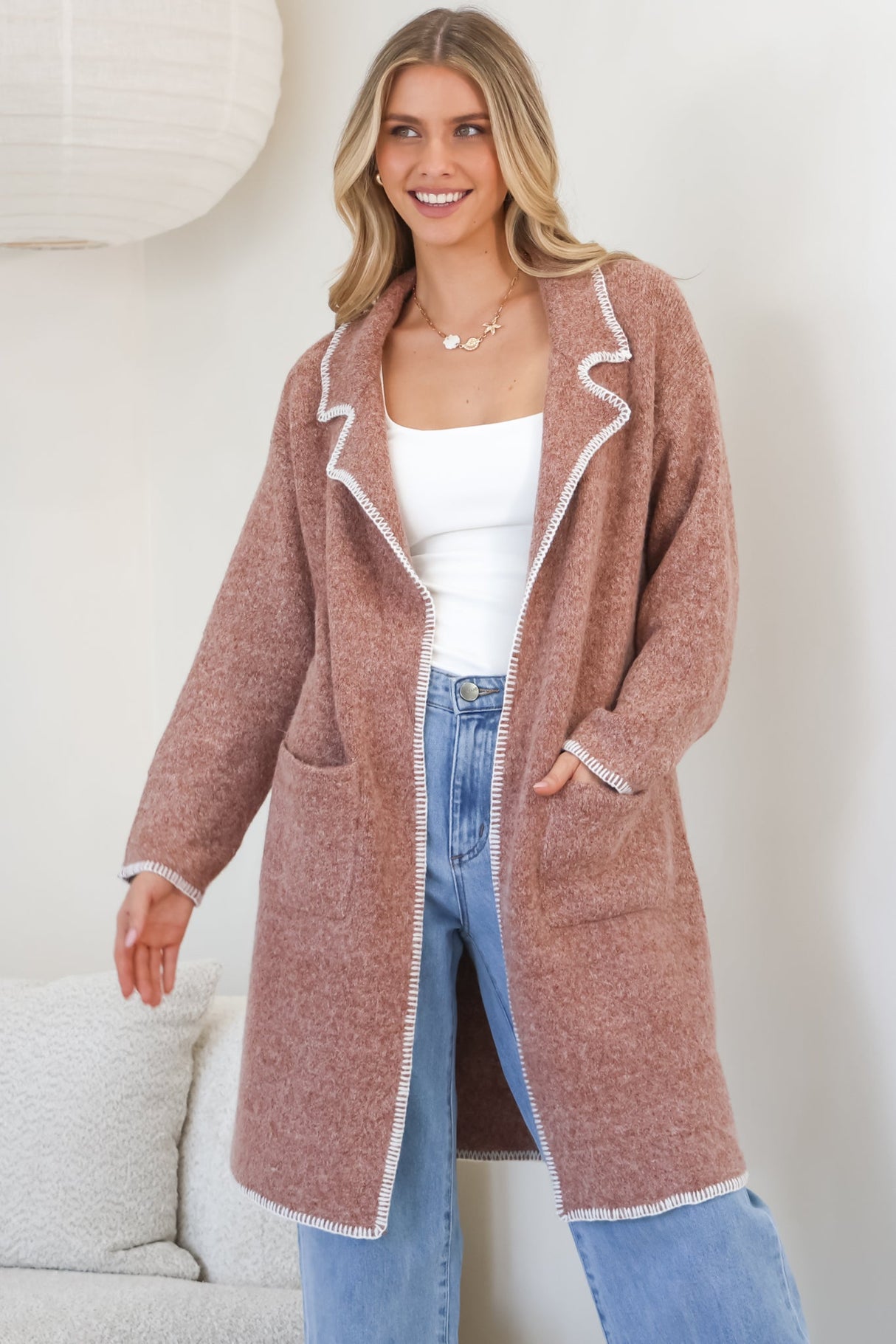 Kinny Cardigan - Collared Contrast Stiching Cardigan in Cinnamon