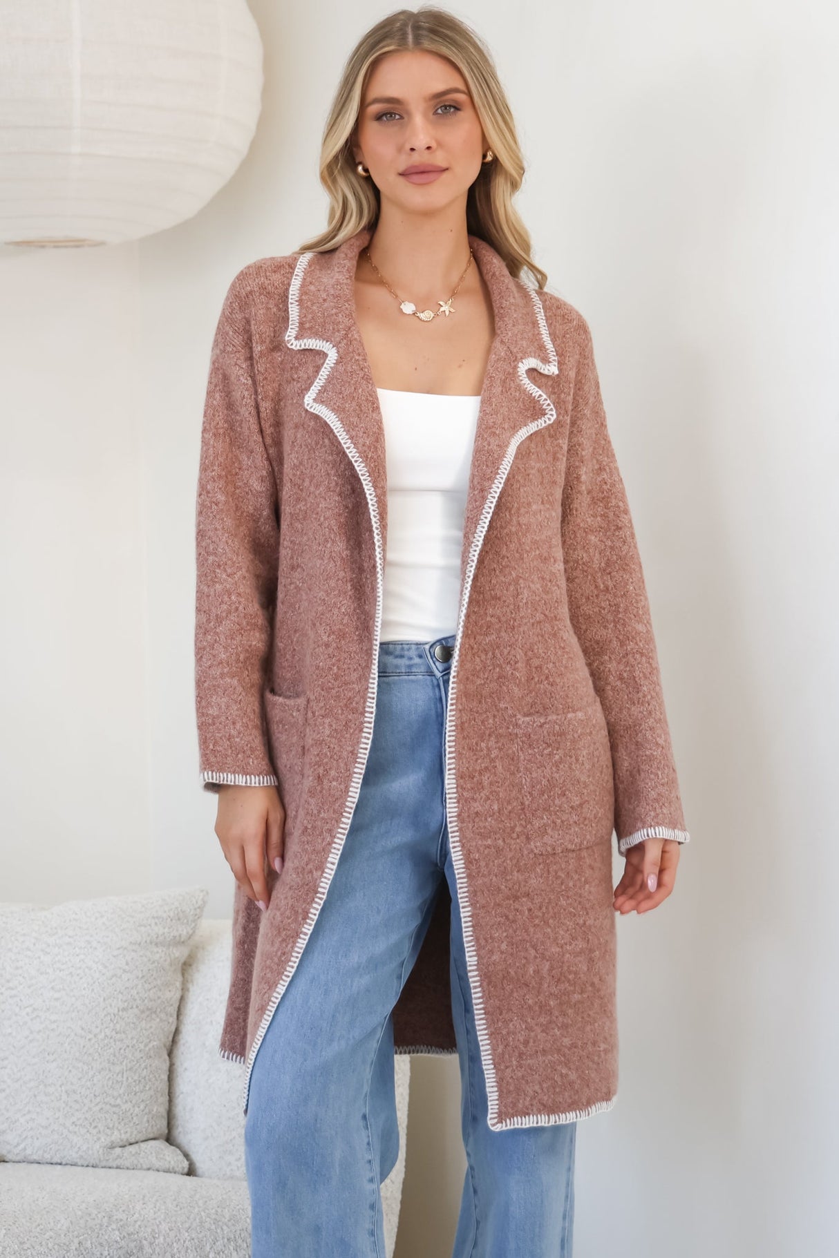 Kinny Cardigan - Collared Contrast Stiching Cardigan in Cinnamon