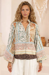 Kiralee Blouse - Mock Split Collar Balloon Sleeve Button Down Shirt in Lyla Print