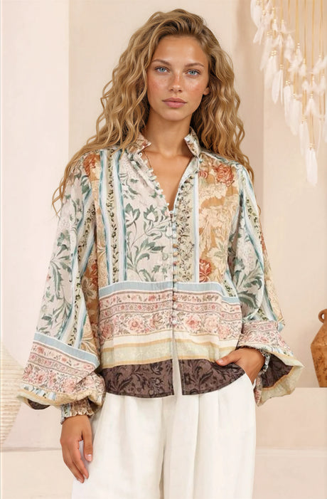 Model wearing Kiralee Blouse in Lyla Print from Salty Crush