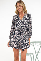 Kiyah Playsuit - Folded Collar Button Through Playsuit with Belt in Zella Print