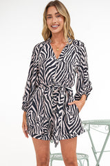 Kiyah Playsuit - Folded Collar Button Through Playsuit with Belt in Zella Print