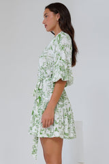 Klair Mini Dress - Mandarin Collar Button Down with Matching Belt in Woodland Print Green